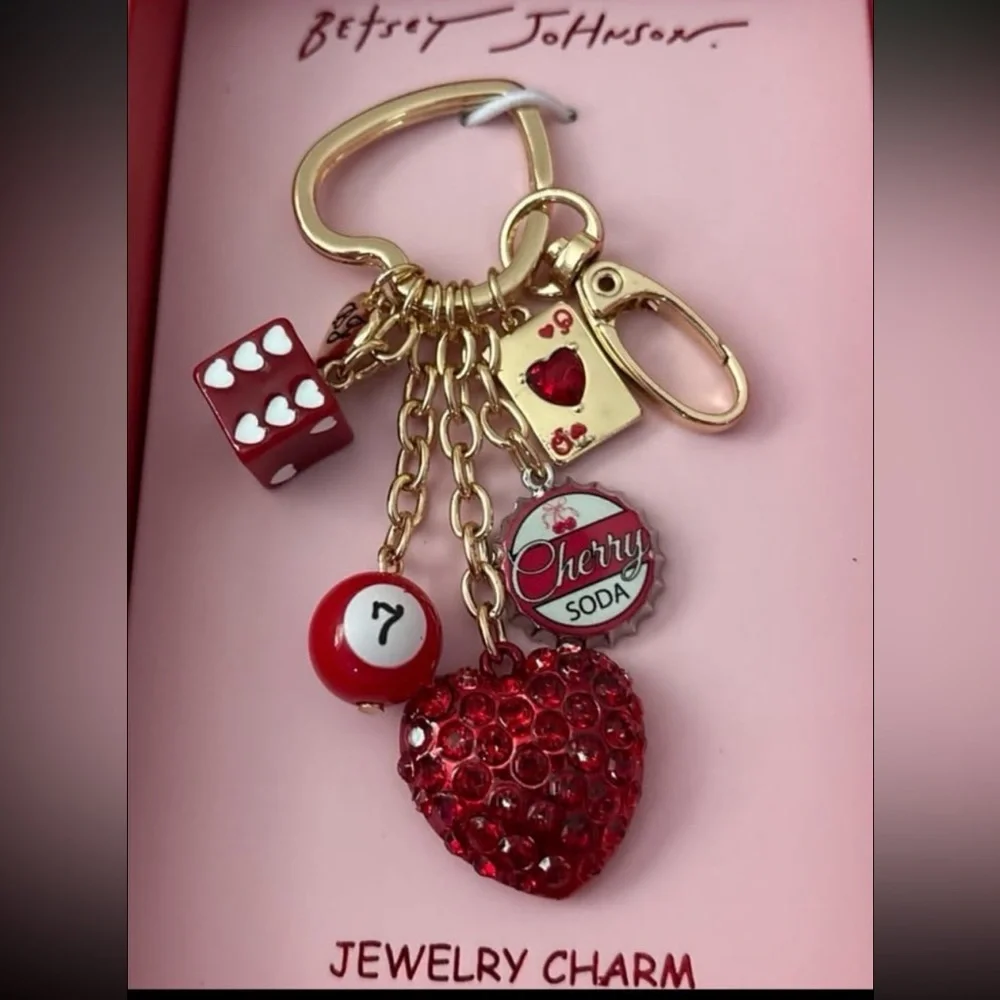 BETSEY JOHNSON Valentine Cherry Soda Pop Multiple Charms Bag Charm Keychain NWT